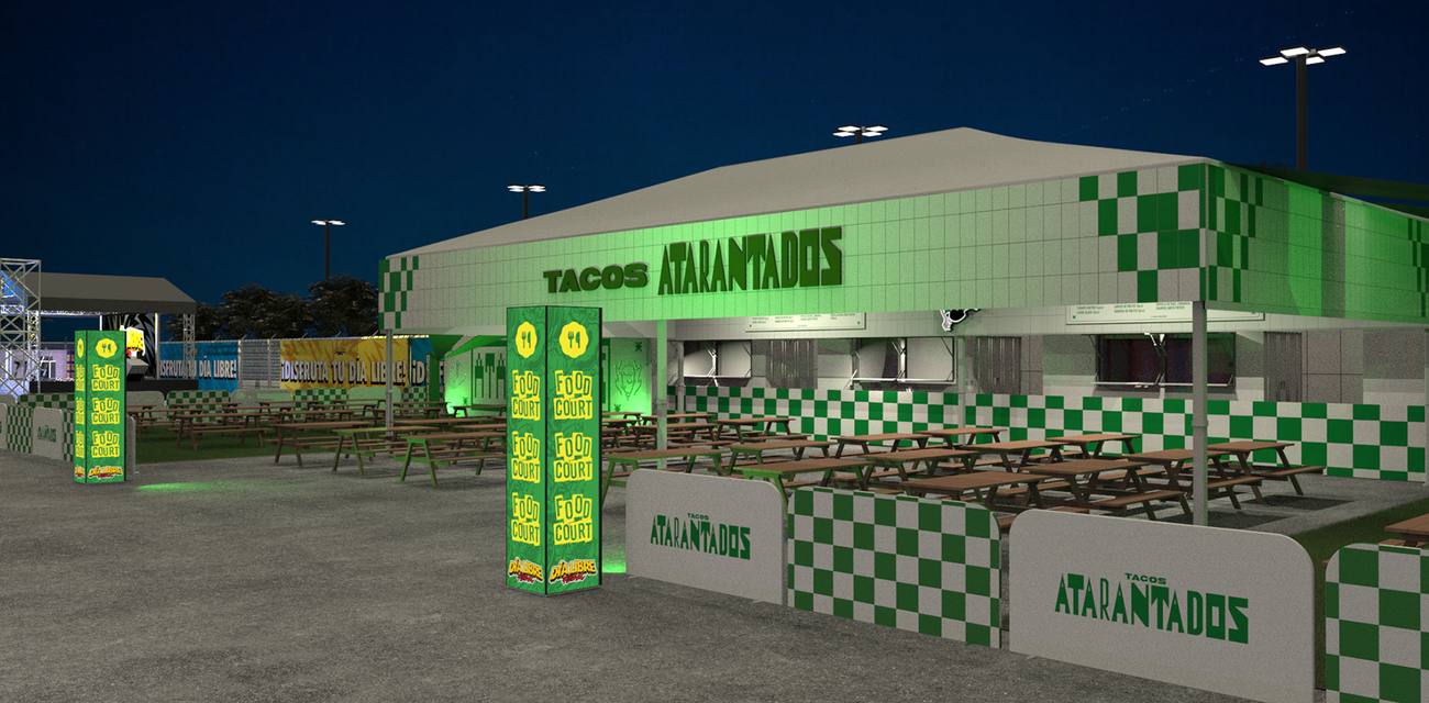 Render de un espacio para Tacos Atarantados
